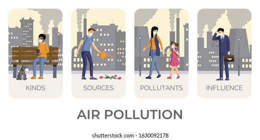 Air pollution flat color illustrations set. Environment contamination with pollutants, carbon dioxide, industrial emissions negative influence concepts. People in masks, protection against dust