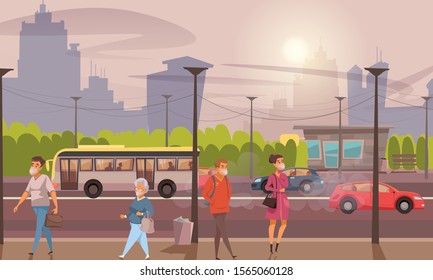 Air pollution flat vector illustration. Transportation means emitting smoke clouds on cityscape background. People wearing protective face masks. Ecology problem, environmental disaster concept