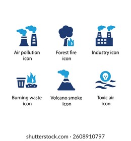 Air pollution, Forest fire, Industry, Burning waste, Volcano smoke, Toxic air, Blue Icon Set