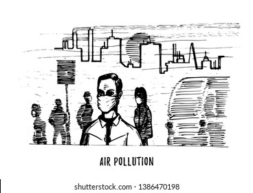 Air pollution, hand drawn illustration. Sketch of smoggy city, contamination environment  theme in vector.