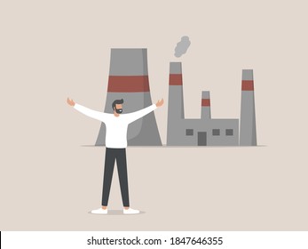  air pollution has decreased since the coronavirus quarantine concept, 
a happy man breathes fresher air due to decreased factory production activities.