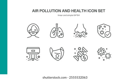 Air pollution and health icon set. Includes face mask, lungs, air conditioner, air filter, bacteria, viruses, damaged DNA and respiratory protection. Perfect for environmental and health designs.