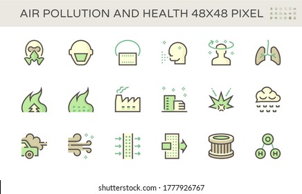 Diseño del conjunto de iconos de la contaminación del aire y del vector de salud, 48x48 píxeles perfecto y editable.