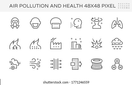 Diseño del conjunto de iconos de la contaminación del aire y del vector de salud, 48x48 píxeles perfecto y editable.