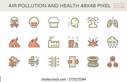 Air pollution and health vector icon set design, 48x48 pixel perfect and editable stroke.