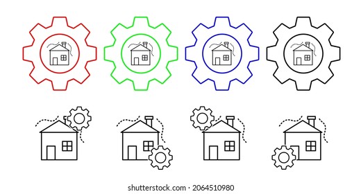 Contaminación del aire, icono del vector de la casa en la ilustración del conjunto de engranajes para ui y ux, sitio web o aplicación móvil