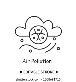 Air Pollution Icon. Cloud And Wind Stream With Bio Hazard Line Pictogram. Concept Of Industrial And Chemical Atmosphere Pollution, Co2 Emission And Lungs Disease. Editable Stroke Vector Illustration