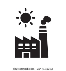 Air pollution icon with factory and sun showing industrial emission and its effect on climate change and global warming environmental issue vector solid glyph icon