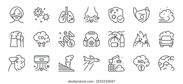 Air Pollution Icon Set. CO2, NO2, Smog, Trash Burning, Respirator Gas Mask, Factory Smoke, Particulate matter, Microbes and more. Air Emission Line Icons Collection.