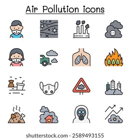 Air pollution icon set in color line style