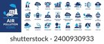 Air pollution icon set. Containing CO2, mask, air filter, PM 2.5, air purifier, car exhaust, indoor air quality, smog and more. Solid vector icons collection.