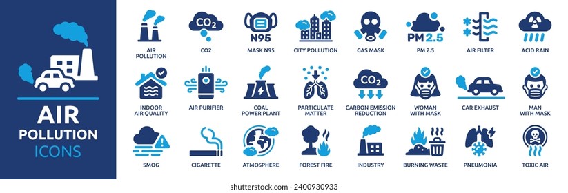 Air pollution icon set. Containing CO2, mask, air filter, PM 2.5, air purifier, car exhaust, indoor air quality, smog and more. Solid vector icons collection.