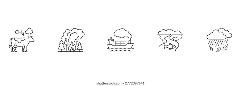 Air pollution icon set featuring cow methane emissions forest fire cargo ship smoke water contamination and acid rain vector illustration.