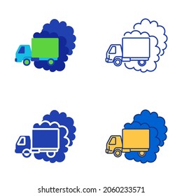 Icono de contaminación del aire fijado en estilo plano y de línea. Vehículo de camiones con nube de co2, smog de carreteras de la ciudad. Ilustración vectorial.