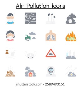 Air pollution icon set in flat color style