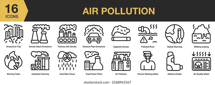 Air Pollution icon set. Includes pollution, environment, air, smoke, toxic, climate, and More. Outline icons vector collection.