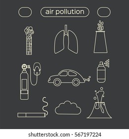 Air pollution icon set. Stock vector illustration of emissions from cars, factory, household spray, volcano, smoking.