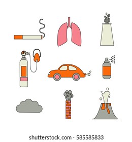 Air pollution icon set. Stock vector illustration of emissions from cars, factory, household spray, volcano, smoking.