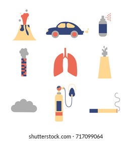 Air pollution icon set. Stock vector illustration of emissions from cars, factory, household spray, volcano, smoking. Flat style.