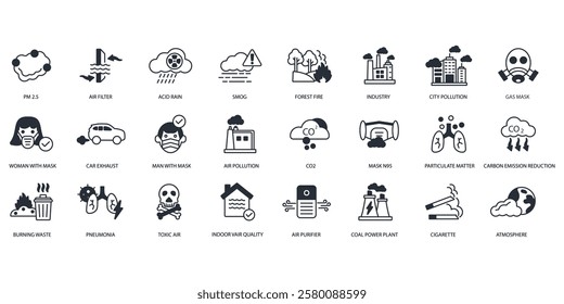 Air Pollution icon set.vector.Editable stroke.linear style sign for use web design,logo.Symbol illustration.