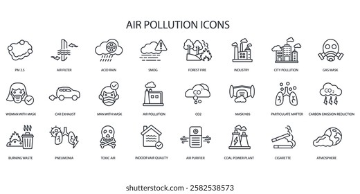 Air Pollution icon set.vector.Editable stroke.linear style sign for use web design,logo.Symbol illustration.