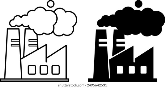 Air Pollution Icons. Black and White Vector Icons. Industrial Factory Emitting Lots of Dangerous Smoke. Environmental Problem. Climate Change Concept