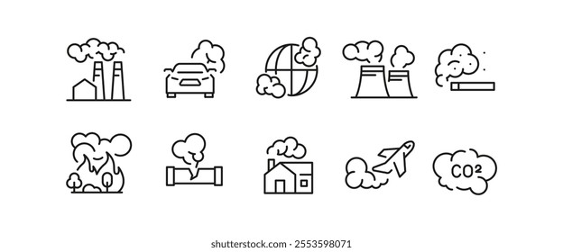 Air Pollution icons. Set of 10 air pollution trendy minimal icons. Factory smoke, Wildfire, car emission, Industrial smoke. Design signs for web page, mobile app, packaging design. Vector illustration