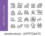 Air Pollution icons. Set of 20 air pollution trendy minimal icons. Factory smoke, Wildfire, car emission, Industrial smoke. Design signs for web page, mobile app, packaging design. Vector illustration