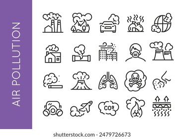 Air Pollution icons. Set of 20 air pollution trendy minimal icons. Factory smoke, Wildfire, car emission, Industrial smoke. Design signs for web page, mobile app, packaging design. Vector illustration