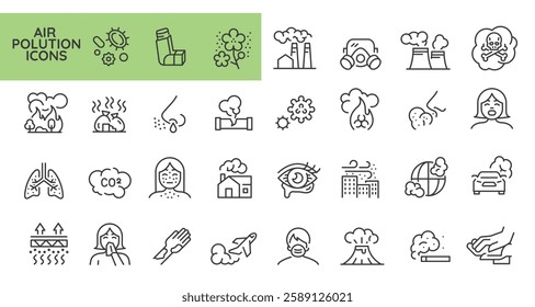 Air Pollution icons. Set of 31 air pollution trendy minimal icons. Factory smoke, Wildfire, car emission, Industrial smoke. Design signs for web page, mobile app, packaging design. Vector illustration