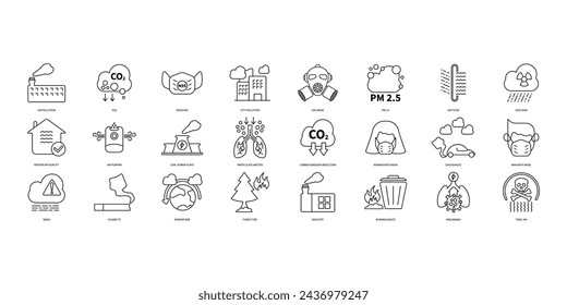 Air pollution icons set. Set of editable stroke icons.Vector set of Air pollution