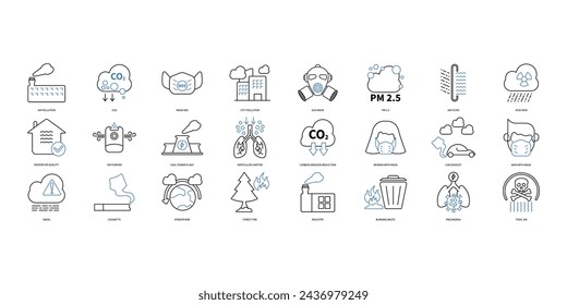 Air pollution icons set. Set of editable stroke icons.Vector set of Air pollution