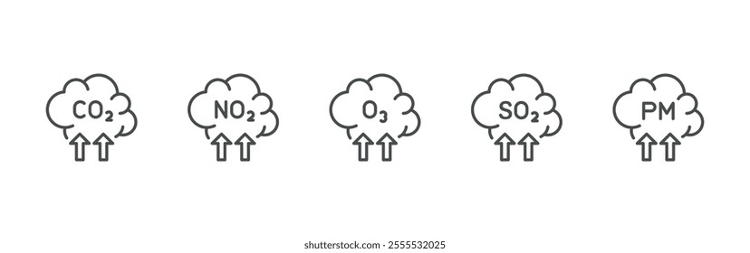 Air pollution icons set. Includes CO2, NO2, O3, SO2  Emissions, and particulate matter polluted cloud symbols. 