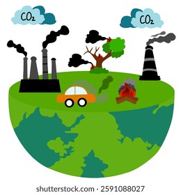 air pollution illustration concept. Air pollution symbols and icons. Illustration of Factory Air Pollution, CO2 Smoke Clouds that Damage Oxygen