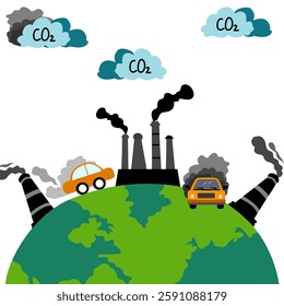 air pollution illustration concept. Air pollution symbols and icons. Illustration of Factory Air Pollution, CO2 Smoke Clouds that Damage Oxygen