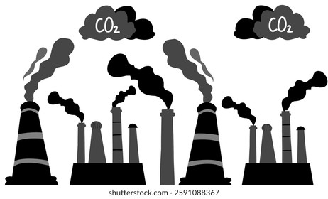 air pollution illustration concept. Air pollution symbols and icons. Illustration of Factory Air Pollution, CO2 Smoke Clouds that Damage Oxygen