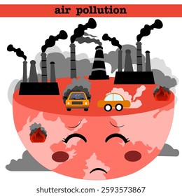 air pollution illustration concept. Air pollution symbols and icons. Illustration of Factory Air Pollution, CO2 Smoke Clouds that Damage Oxygen