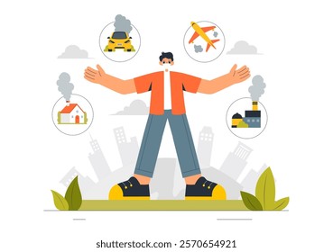 Air Pollution Illustration Featuring the Concepts of Climate Change and Global Warming, City Roads Covered in Smog, Factory Smoke, and Industrial