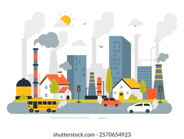 Air Pollution Illustration Featuring the Concepts of Climate Change and Global Warming, City Roads Covered in Smog, Factory Smoke, and Industrial