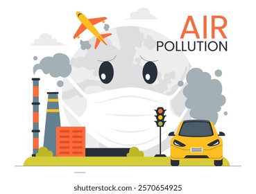 Air Pollution Illustration Featuring the Concepts of Climate Change and Global Warming, City Roads Covered in Smog, Factory Smoke, and Industrial