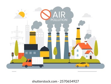 Air Pollution Illustration Featuring the Concepts of Climate Change and Global Warming, City Roads Covered in Smog, Factory Smoke, and Industrial