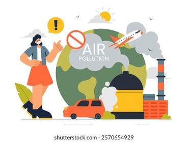 Air Pollution Illustration Featuring the Concepts of Climate Change and Global Warming, City Roads Covered in Smog, Factory Smoke, and Industrial