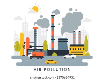 Air Pollution Illustration Featuring the Concepts of Climate Change and Global Warming, City Roads Covered in Smog, Factory Smoke, and Industrial