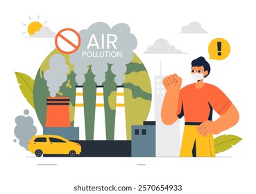 Air Pollution Illustration Featuring the Concepts of Climate Change and Global Warming, City Roads Covered in Smog, Factory Smoke, and Industrial