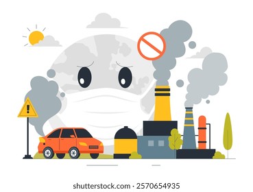 Air Pollution Illustration Featuring the Concepts of Climate Change and Global Warming, City Roads Covered in Smog, Factory Smoke, and Industrial