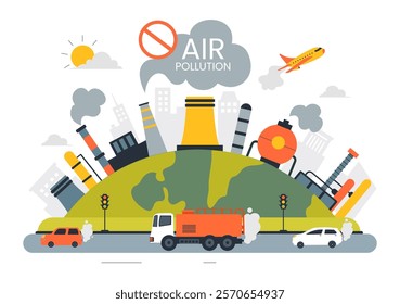 Air Pollution Illustration Featuring the Concepts of Climate Change and Global Warming, City Roads Covered in Smog, Factory Smoke, and Industrial