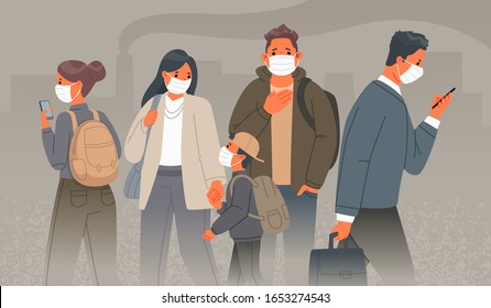 Air pollution in industrial cities. Sad people in medical protective masks on their faces against the background of smoking chimneys of factories. Dust and smog. Vector illustration in cartoon style