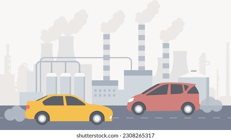 Luftverschmutzung. Industriestadt. Anlagen mit Abgas und Rauch. Moderne Vektorgrafik.