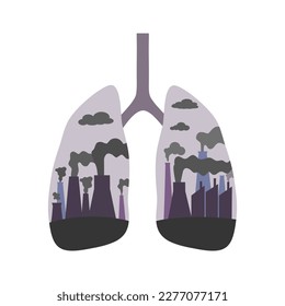 Air pollution inside human lungs in flat design on white background.