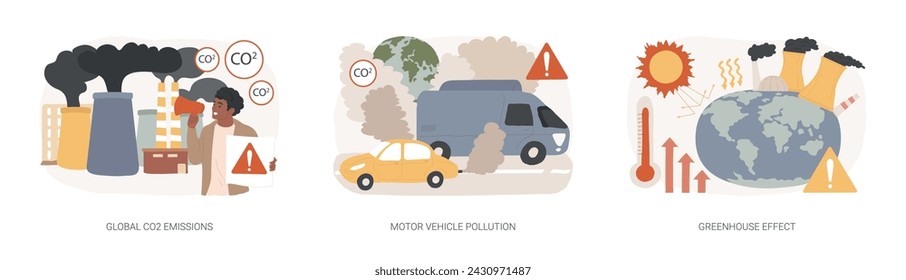 Air pollution isolated concept vector illustration set. Global CO2 emissions, motor vehicle pollution, greenhouse effect, car exhaust, transportation industry, ozone layer vector concept.